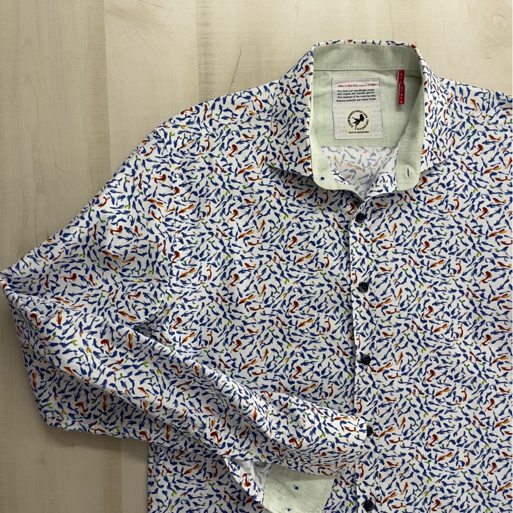 A FISH NAMED FRED casual printed koi button down shirt casual work travel - Picture 4 of 10